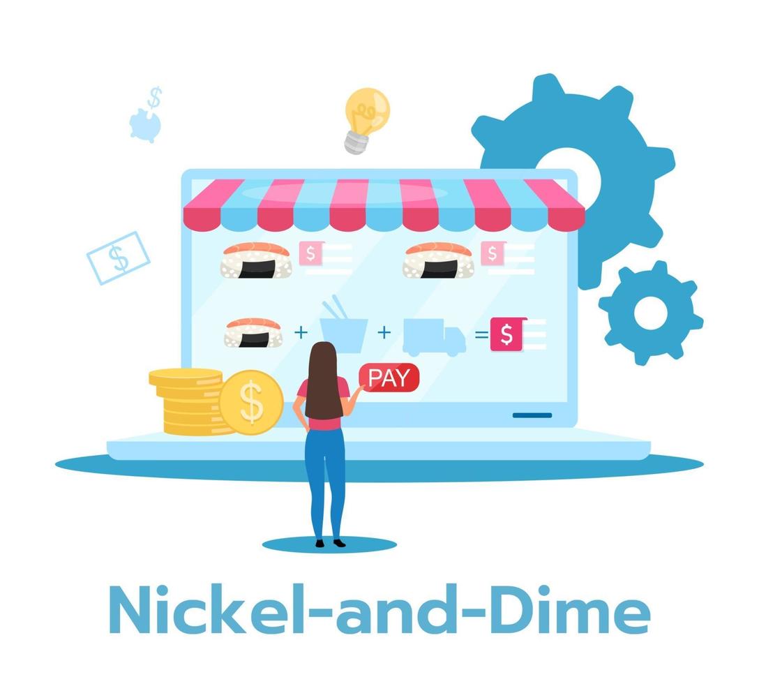 Nickel-and-dime flat vector illustration. Lowest price strategy. Selling low-priced products and service with additional charges. Business model. Isolated cartoon character on white background