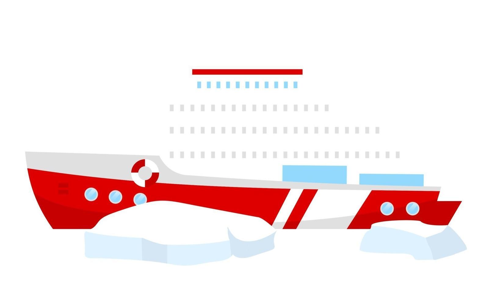 Boat flat color vector illustration. Icebreaker with ice blocks. Nautical transport. Marine vessel for north expedition. Maritime transmit. Ship isolated cartoon object on white background
