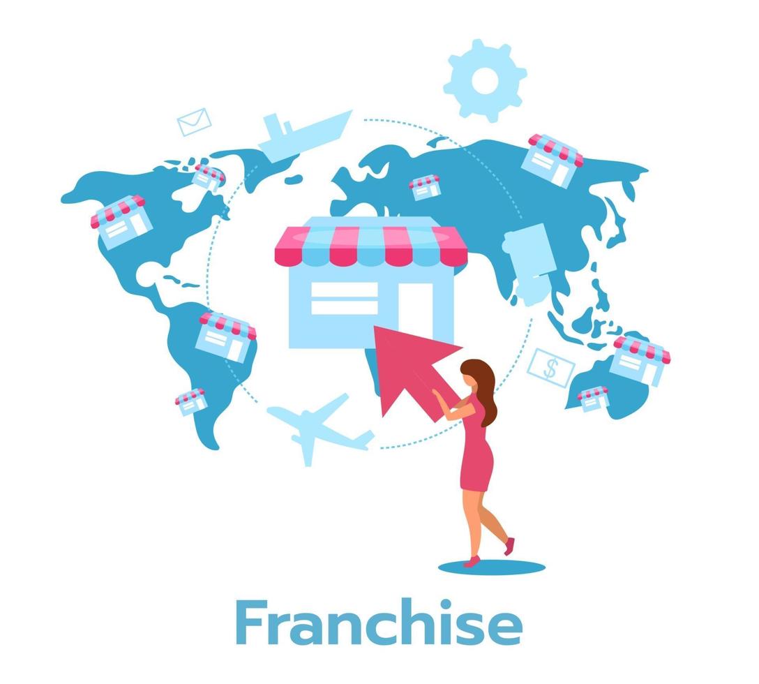 Franchise flat vector illustration. Distribution of products and services. Manufacturer, distributor, retailer. Business model. Chain store. Isolated cartoon character on white background