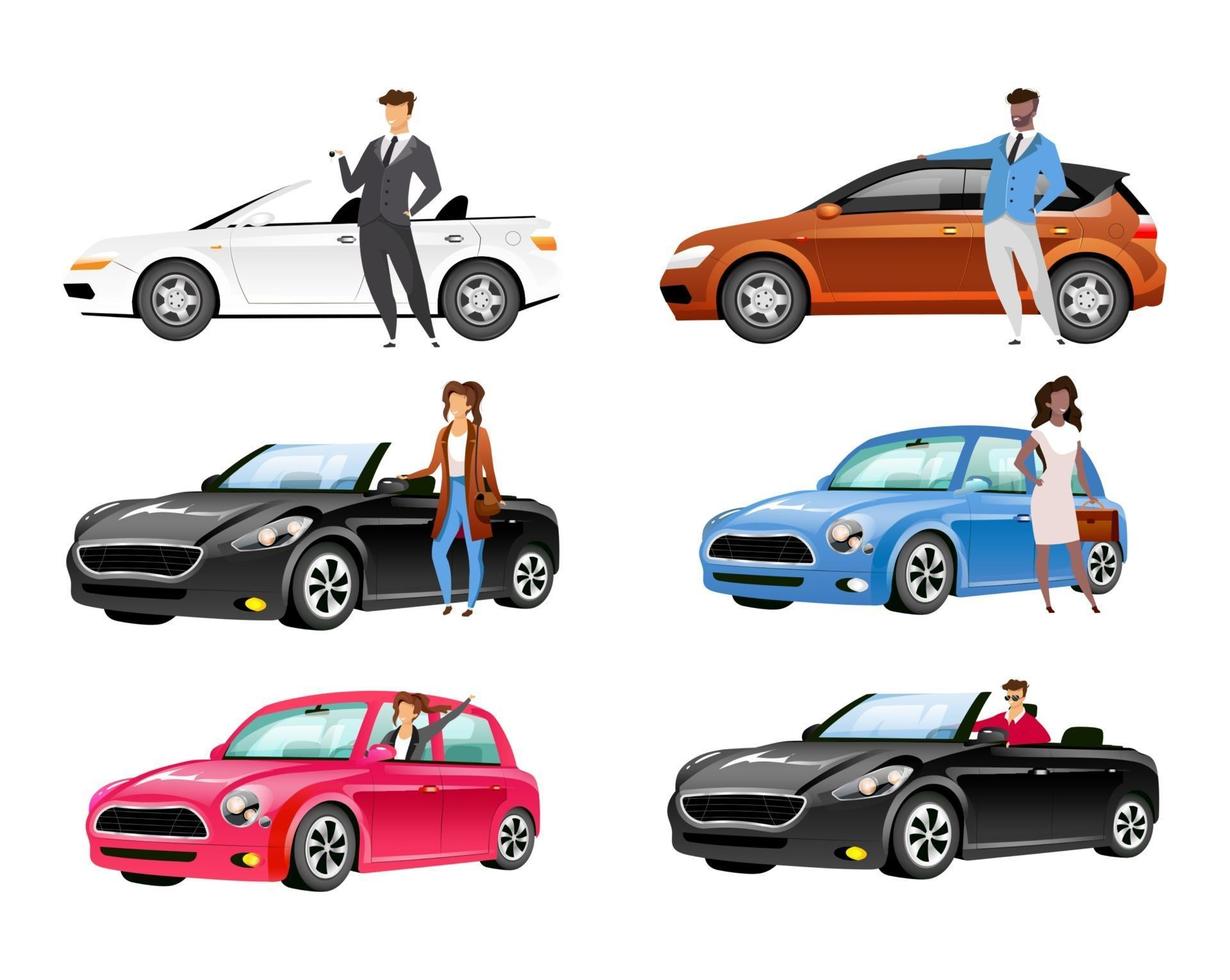 Happy auto owners flat color vector faceless characters set. Young men and women with personal transport. People standing by cars isolated cartoon illustrations on white background