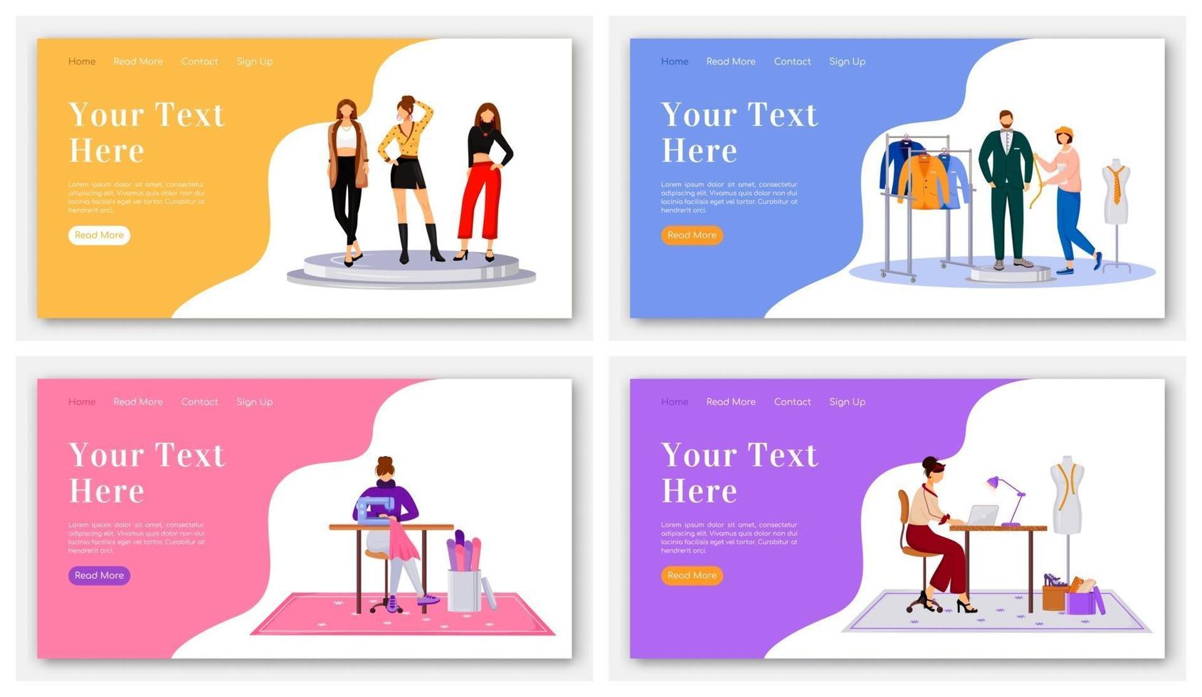 Fashion designer landing page flat color vector template set. Creating clothes homepage layout. Design runway outfits one page website interface with cartoon illustration. Atelier banner, webpage