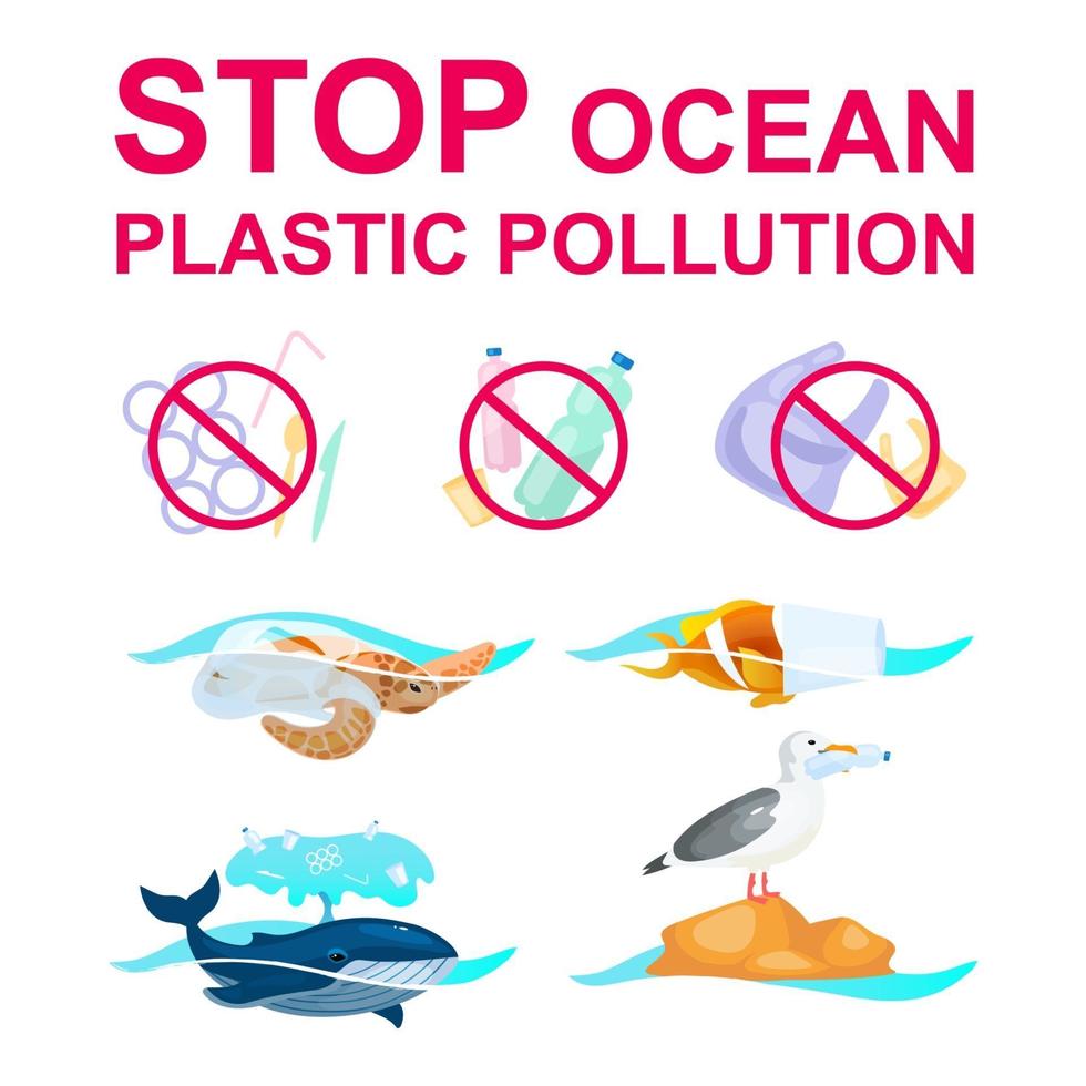 Stop plastic pollution in ocean flat concept icons set. Marine animals trapped in garbage stickers, cliparts pack. Nature protection. Waste in ocean. Isolated cartoon illustrations on white background vector