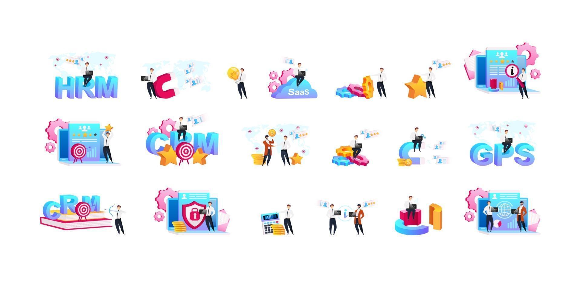 CRM flat concept vector illustrations set. Processes automation metaphors. Business optimization. Data analyzing. Client service improvement. Customer relationship management 2D cartoon characters