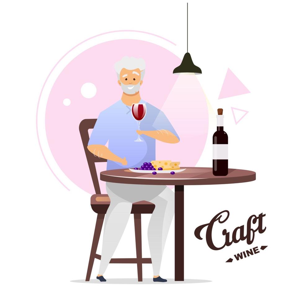 Man enjoying glass of wine flat color vector illustration. Winemaking, vinification. Winemaker with glassful. Male character drinking alcohol beverage. Isolated cartoon character on white