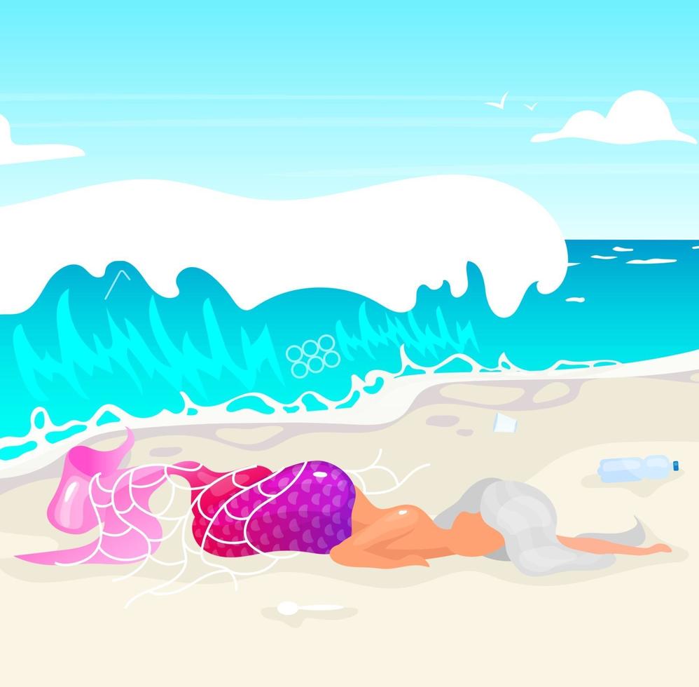 Mermaid trapped in fishnet flat vector illustration. Plastic pollution, ocean contamination problem. Nature damage. Ecological catastrophe. Dead fantasy creature on beach cartoon character