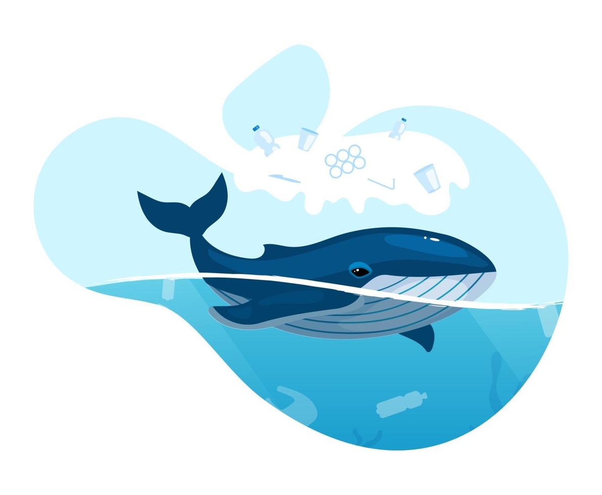 ballena en el océano con icono de concepto plano de residuos plásticos. Problema de contaminación del agua de mar. animal marino atrapado en una etiqueta de basura de plástico, clipart. ilustración de dibujos animados aislado sobre fondo blanco vector