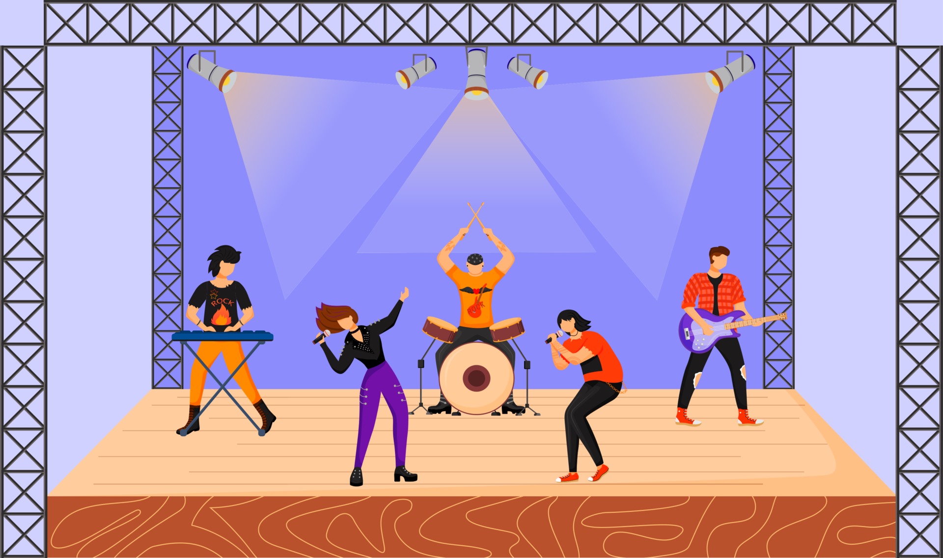Rock band flat vector illustration. Music group with two vocalists