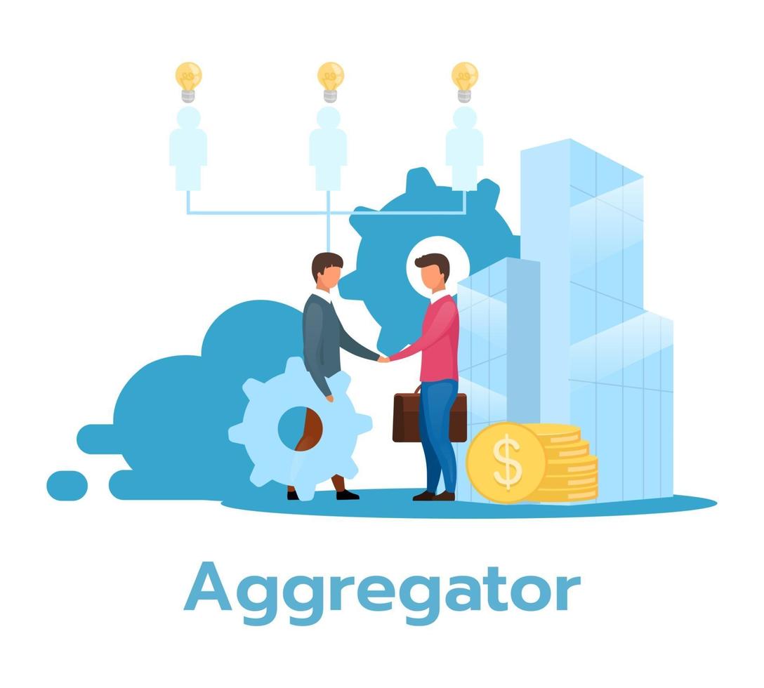 Aggregator flat vector illustration. Partnership. Service provider. E-commerce. Business model. Reselling services. Manager hiring. Reseller. Isolated cartoon character on white background