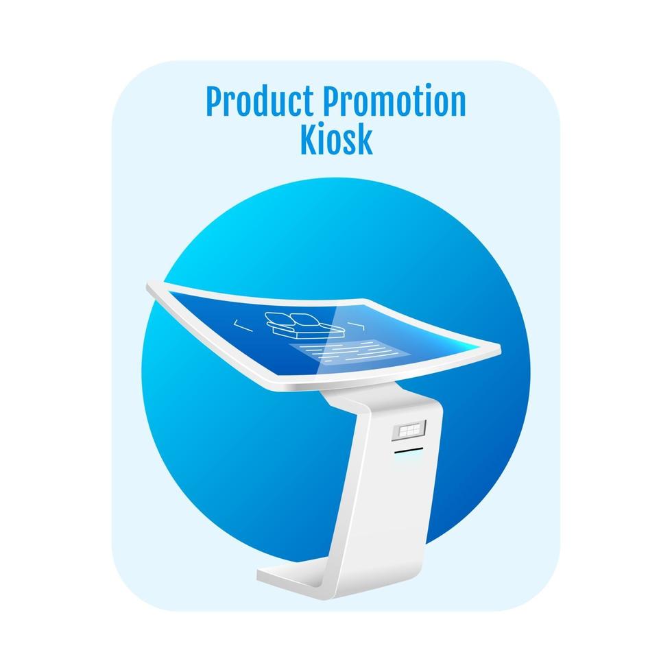 Product promotion kiosk flat concept icon. Presentation digital panel sticker, clipart. Interactive online board with sensor interface isolated cartoon illustration on white background vector