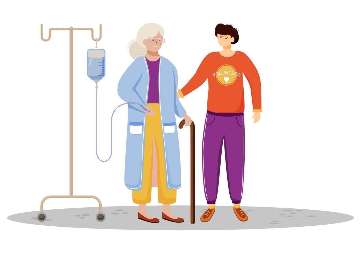 Elderly welfare flat vector illustration. Happy volunteer and old woman isolated cartoon characters on white background. Young son taking care of aged mother. Family support, medical help work concept