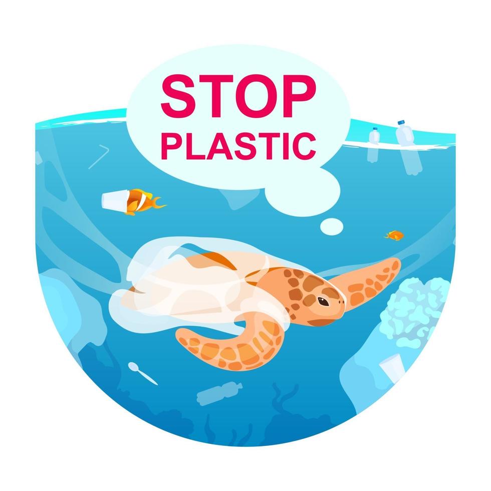 tortuga en el océano con icono de concepto plano de residuos plásticos.  Contaminación del agua de