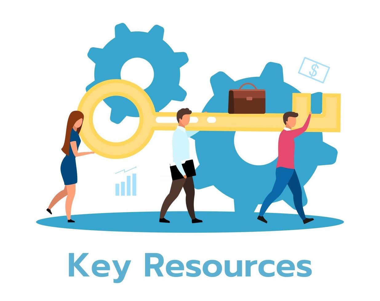Key resources flat vector illustration. Effective company functioning. Organization management assets. Business model. Human resource. Teamwork. Isolated cartoon character on white background