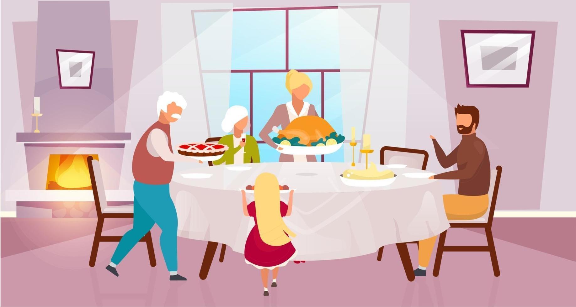 Thanksgiving day flat vector illustration. National holiday in United States. Grateful meal. Celebrating harvest together with grandparents. Family dinner with turkey cartoon characters