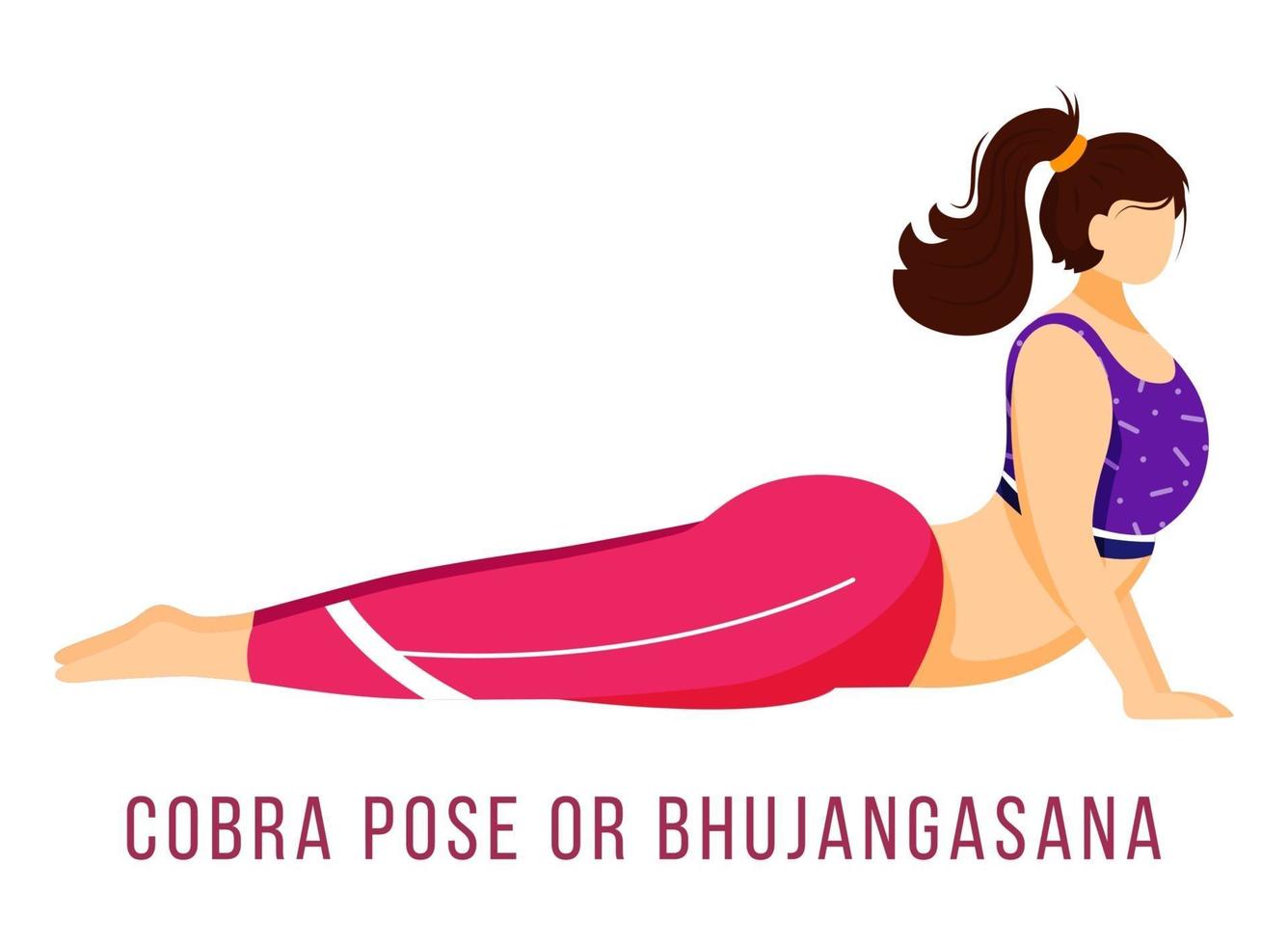 Cobra pose flat vector illustration. Bhujangasana. Caucausian woman performing yoga posture in pink and purple sportswear. Workout. Physical exercise. Isolated cartoon character on white background