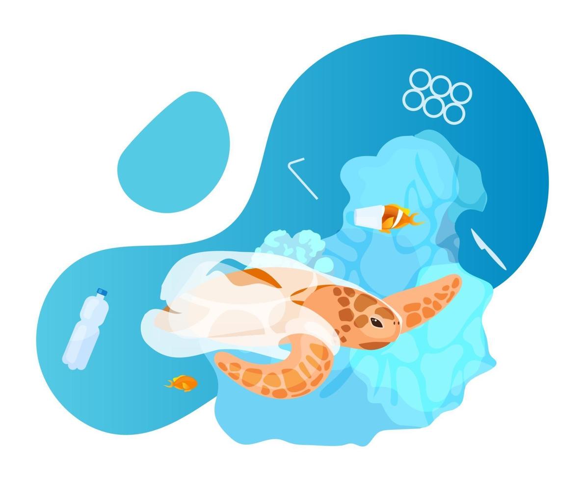 tortuga en el océano con icono de concepto plano de residuos plásticos. Problema de contaminación del agua de mar. animal marino atrapado en un paquete desechable adhesivo, clipart. ilustración de dibujos animados aislado sobre fondo blanco vector