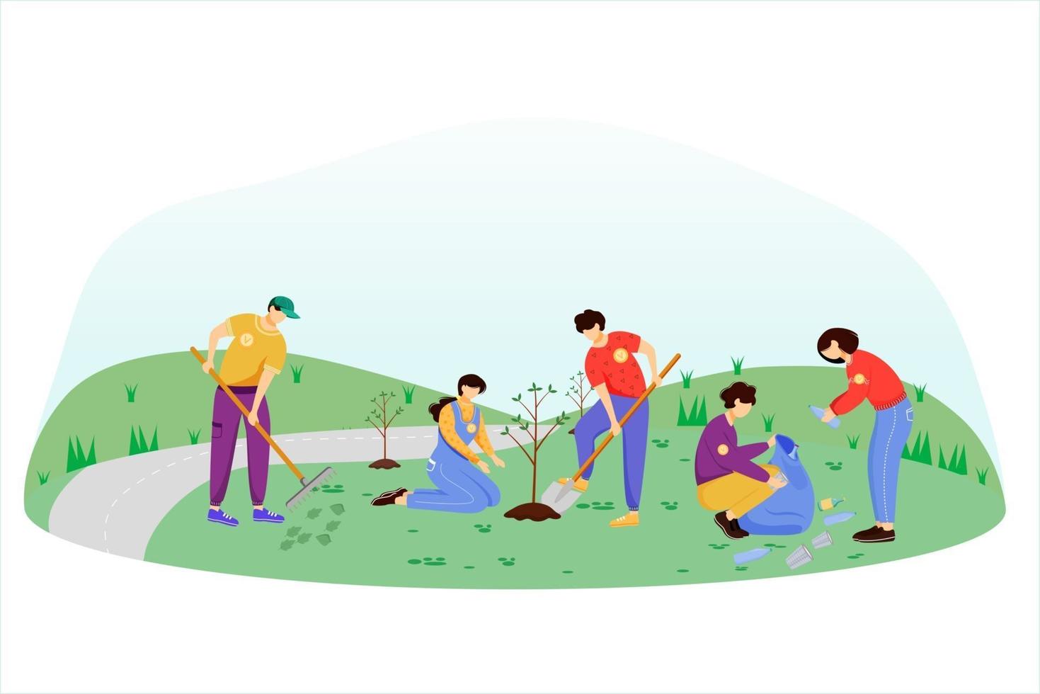 Community work day flat vector illustration. Volunteers, activists isolated cartoon characters on white background. Young people cleaning garbage and planting trees. Environment protection concept