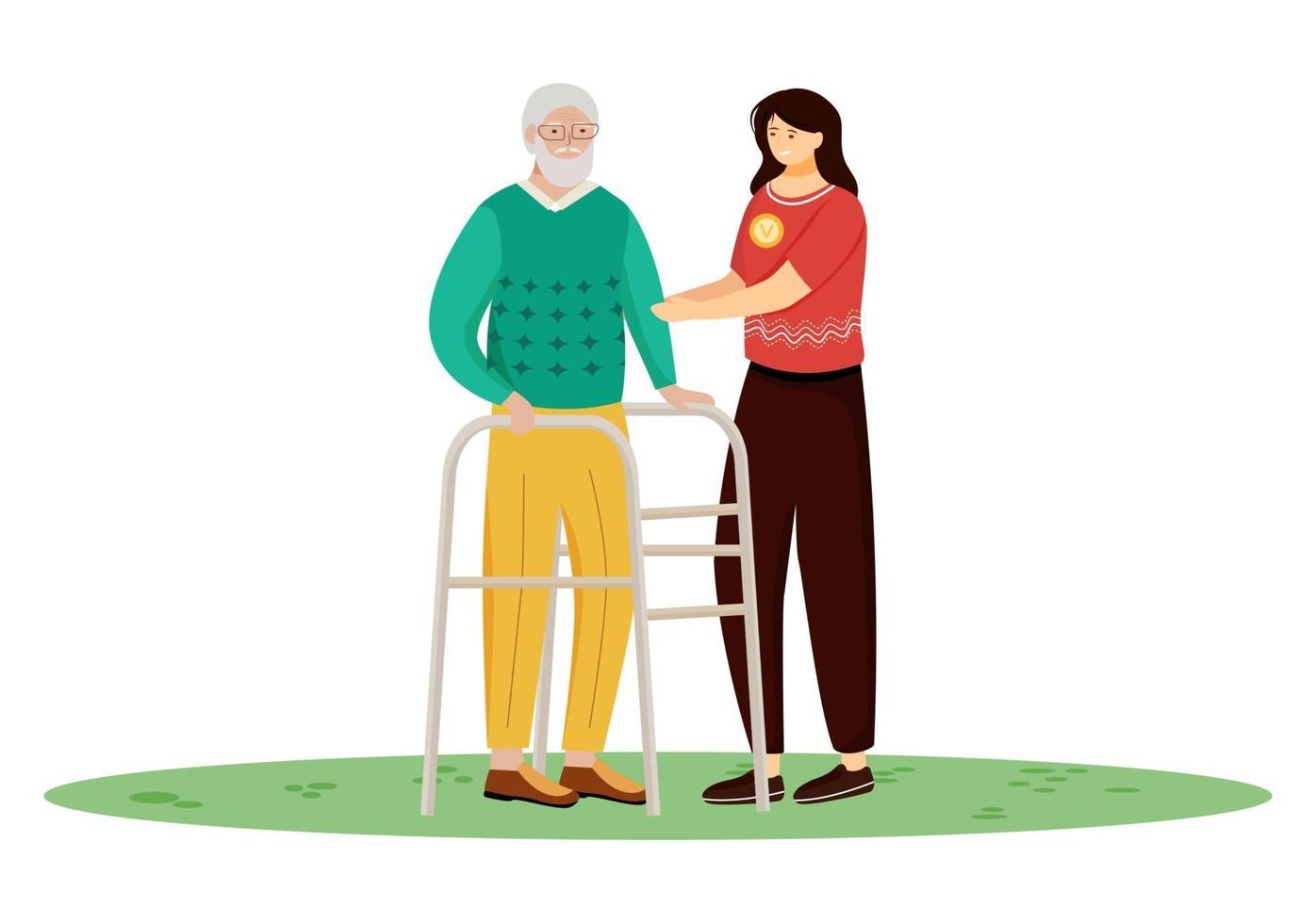 Elderly nursing flat vector illustration. Happy retiree and nurse isolated cartoon characters on white background. Young woman taking care of aged man. Family support, volunteer work concept