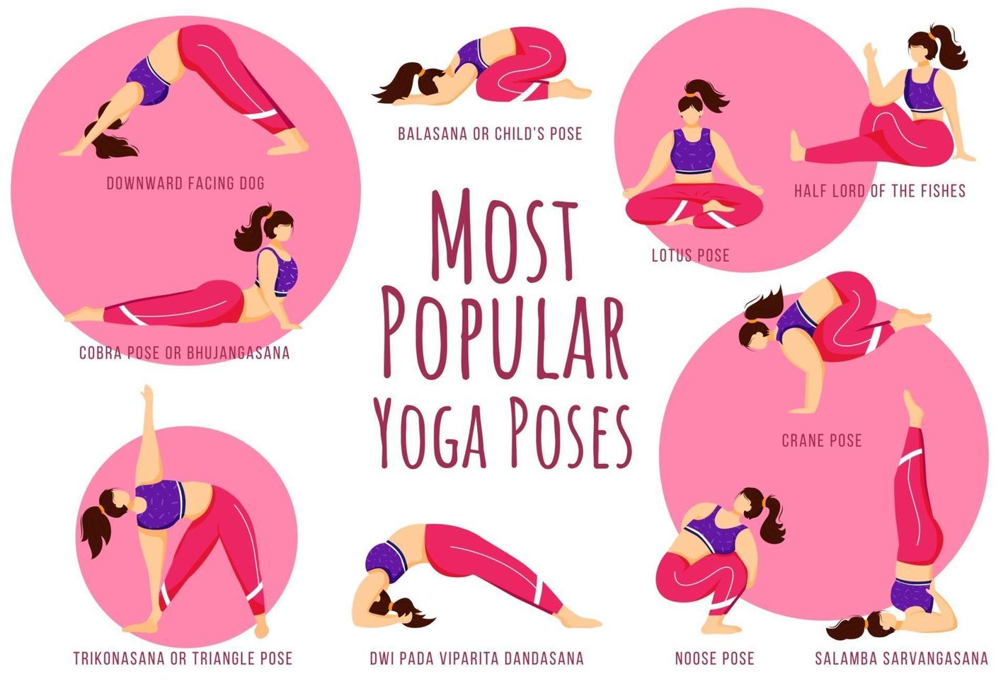 Popular yoga poses pink vector infographic template. Body positive females. Poster, booklet page concept design with flat illustrations. Advertising flyer, leaflet, banner with workflow layout idea