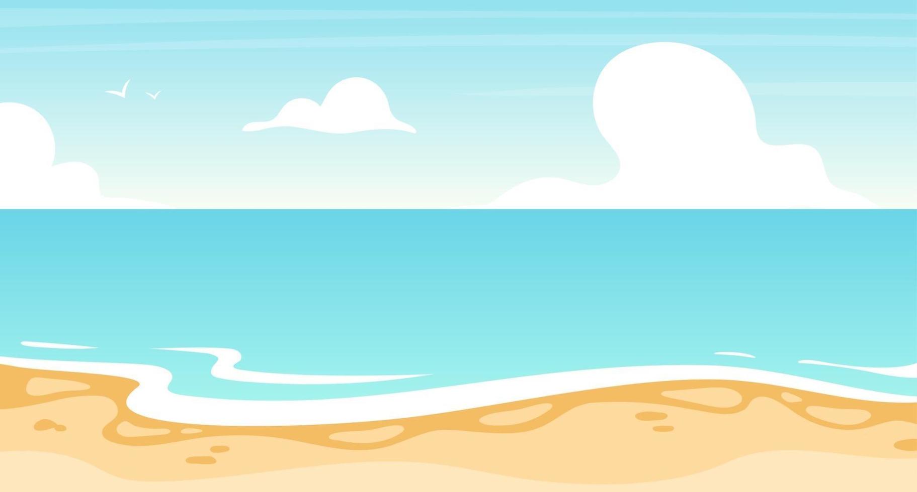 Beach flat flat vector illustration. Summer ocean, sea scenery backdrop design. Vacation resort, island coastline. Sunny paradise, turquoise lagoon. Seascape cartoon background, wallpaper