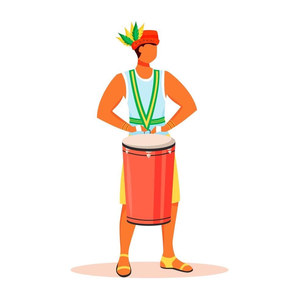 Hombre latino en camiseta y sombrero color plano vector personaje sin rostro. carnaval de brasil. música de samba. macho de pie jugando en tumbadora aislado ilustración de dibujos animados para diseño gráfico web y animación