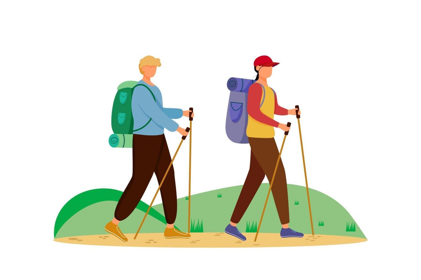 Budget tourism flat vector illustration. Hiking activity. Cheap travelling choice. Active vacation. Couple on a mountain trip. Walking tour isolated cartoon character on white background