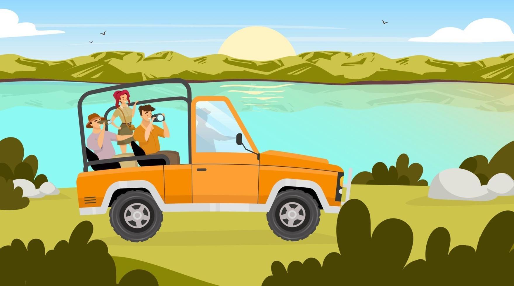 Journey flat vector illustration. People traveling in car through valley. Sunrise on river stream on background. Field landscape. Expedition to Amazonia. Tourist group cartoon characters