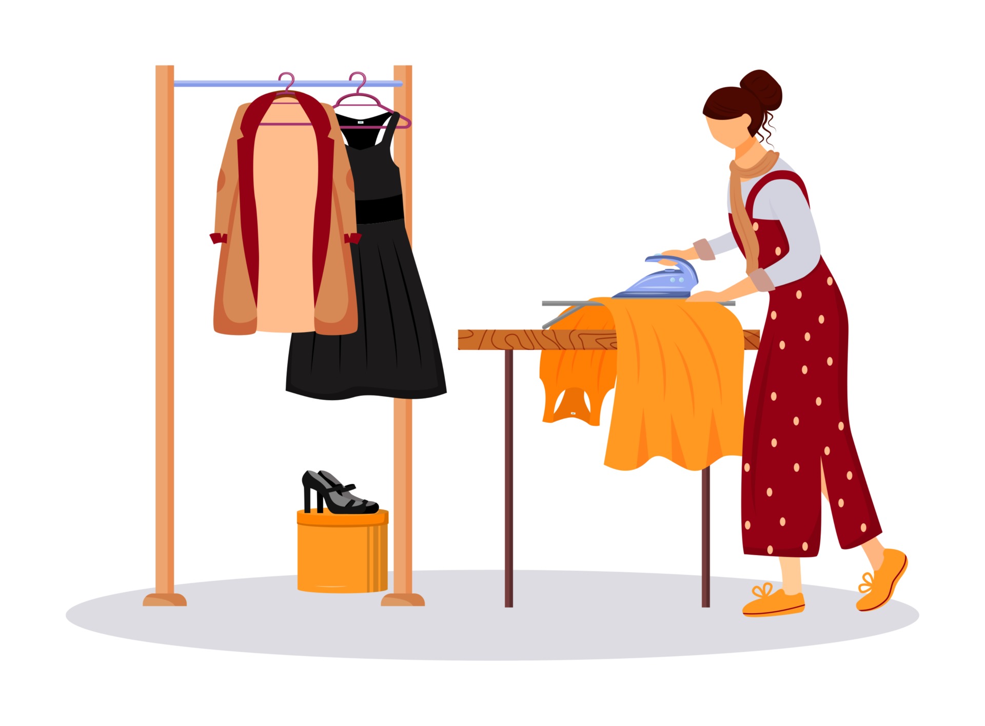 Ironing dresses, jackets flat color vector illustration. Preparing clothes  for fashion show. Clothing designer assistant. Dry cleaning service  isolated cartoon character on white background 2778172 Vector Art at  Vecteezy