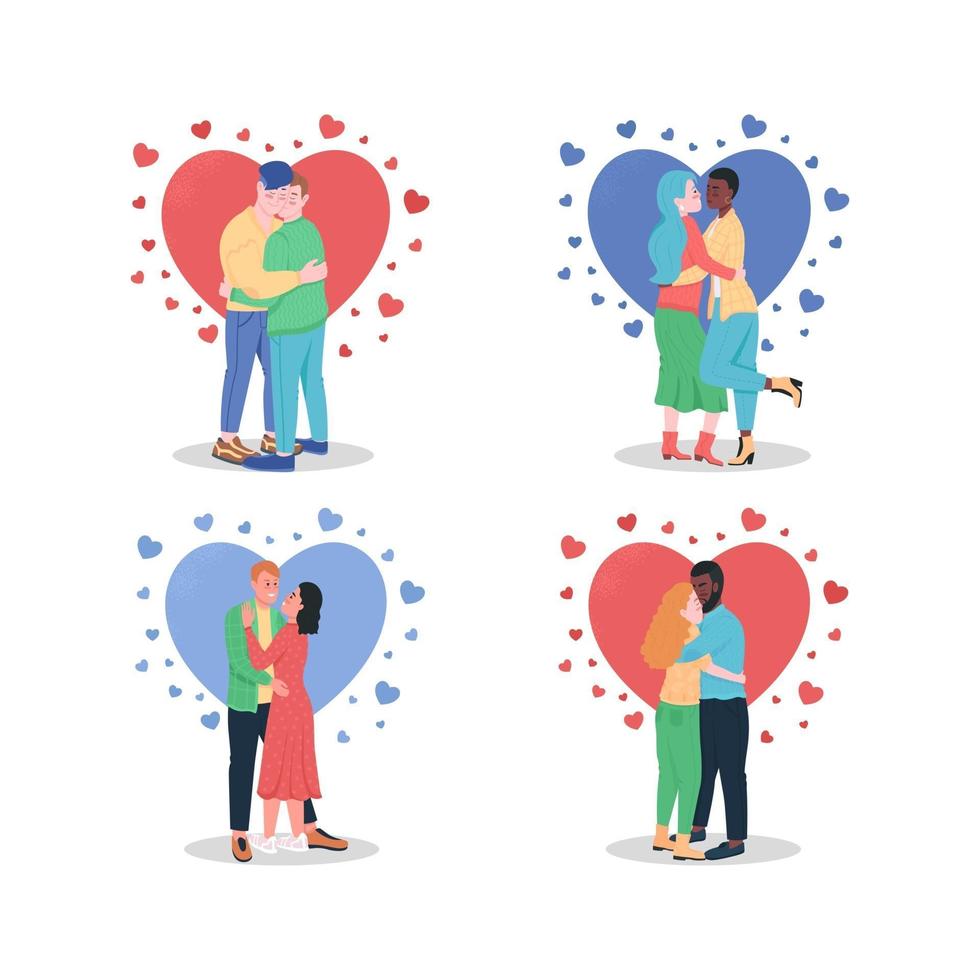 Hugging couples in love flat color vector detailed character set