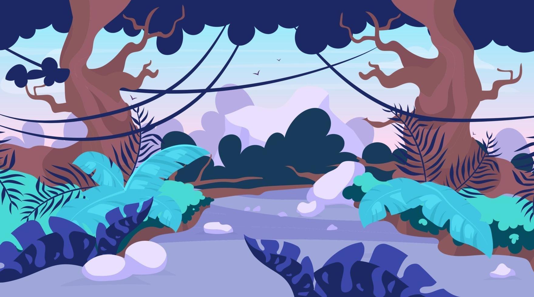 Trail blazing vector illustration. Road in forest. Way through tropical jungle. Panoramic scene with path through trees. Route to explore exotic wild land. Rainforest cartoon background