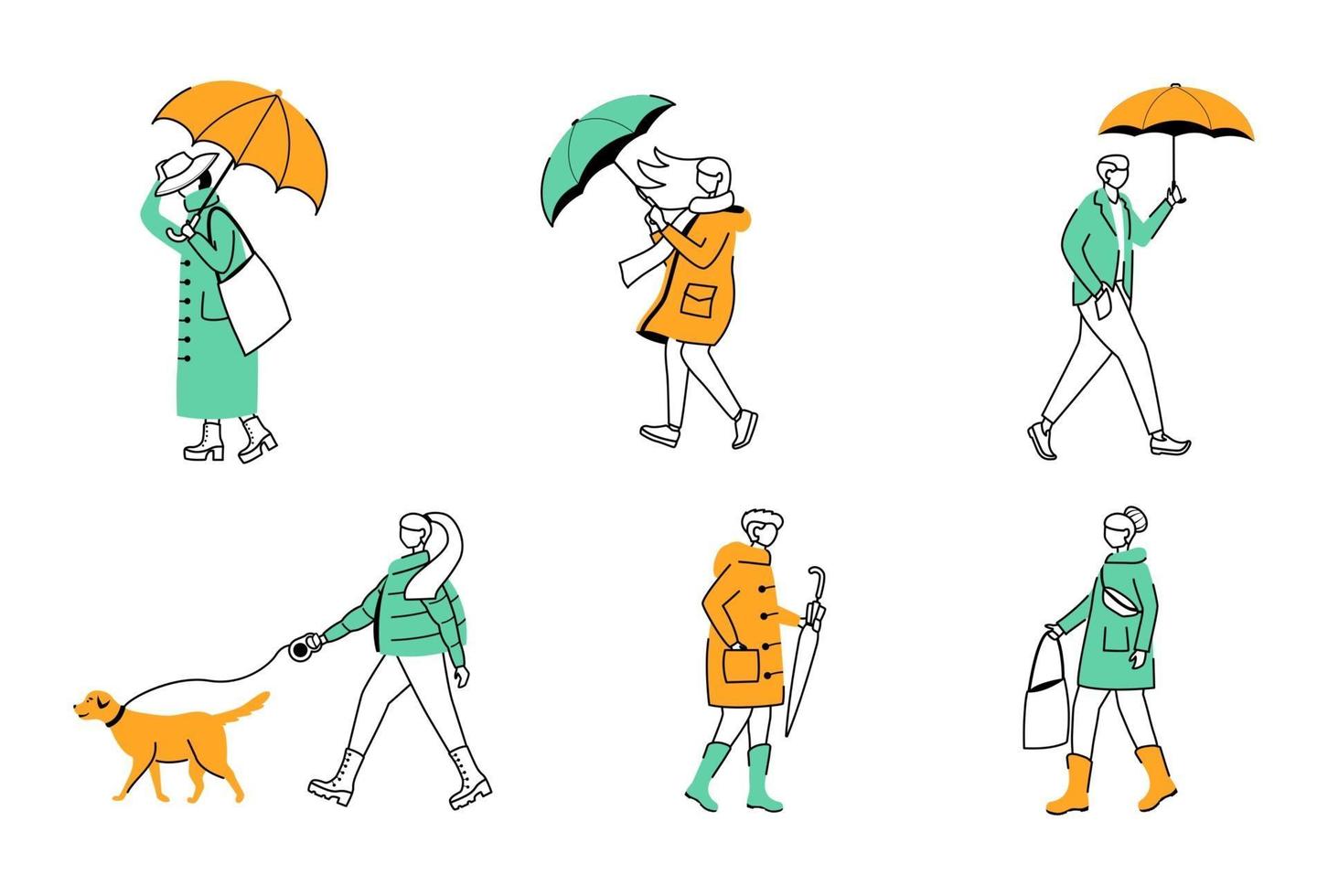 People with umbrellas flat contour vector illustrations set. Walking caucasian humans isolated cartoon outline character on white background. Rainy day. Men and women in raincoats simple drawings