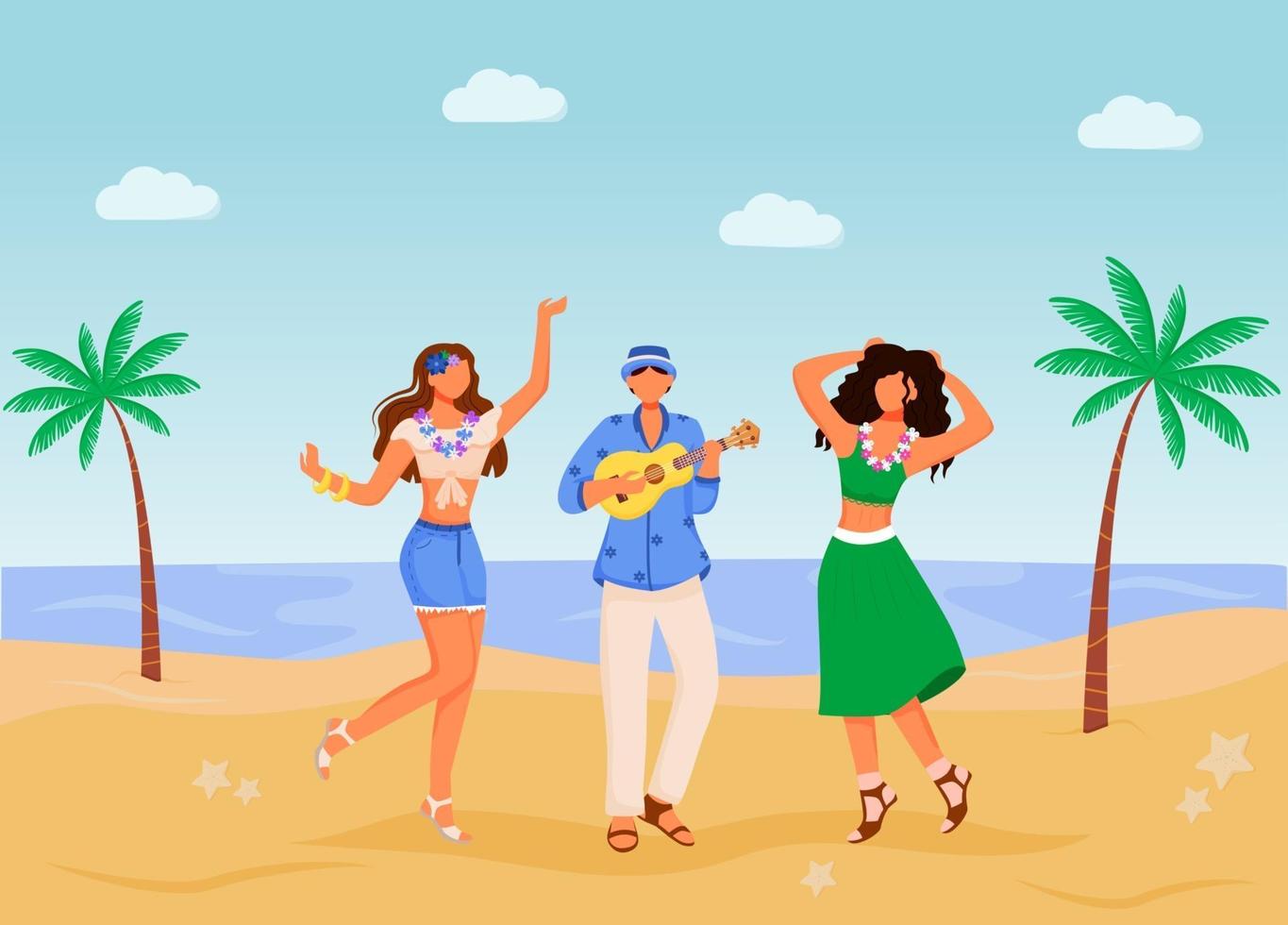 Ilustración de vector de color plano de fiesta en la playa. hembras en ropa de verano. celebración étnica. Hombre de pie tocando el ukelele personajes de dibujos animados en 2D con seabeach y palmeras en el fondo