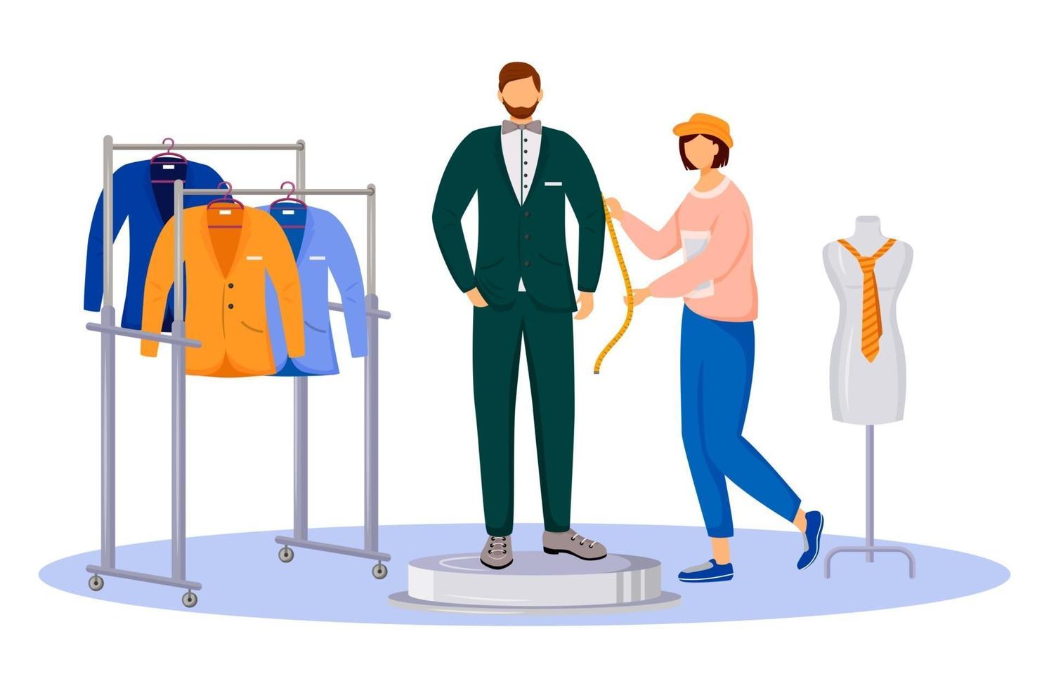 Fashion designer gets measurements flat color vector illustration. Clothing atelier assistant. Individual tailoring. Creating man suit isolated cartoon character on white background