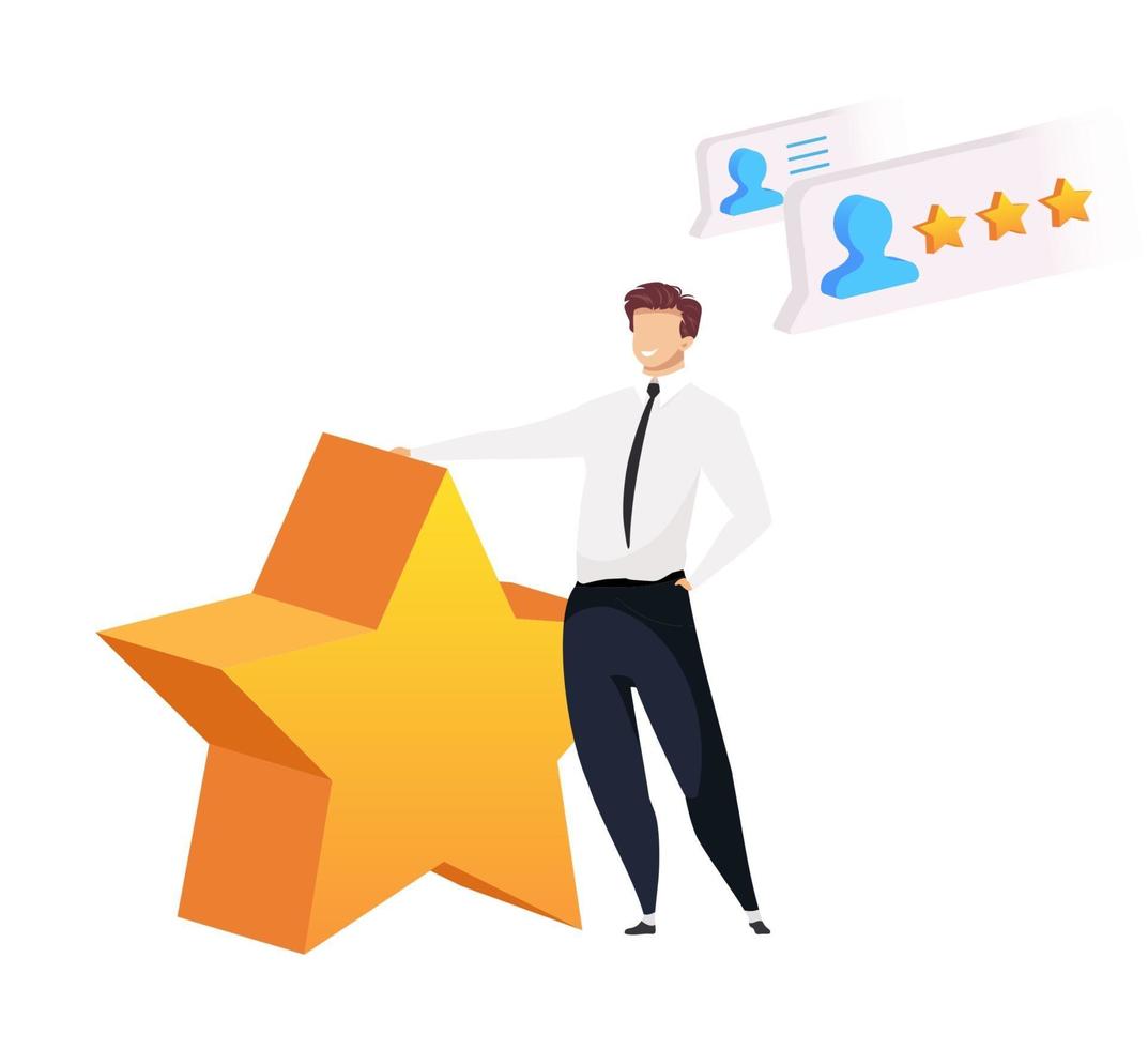 Businessman with big star flat concept vector illustration. Happy customer 2D cartoon character for web design. Good reviews. Smiling caucasian man. High rating. Client service creative idea