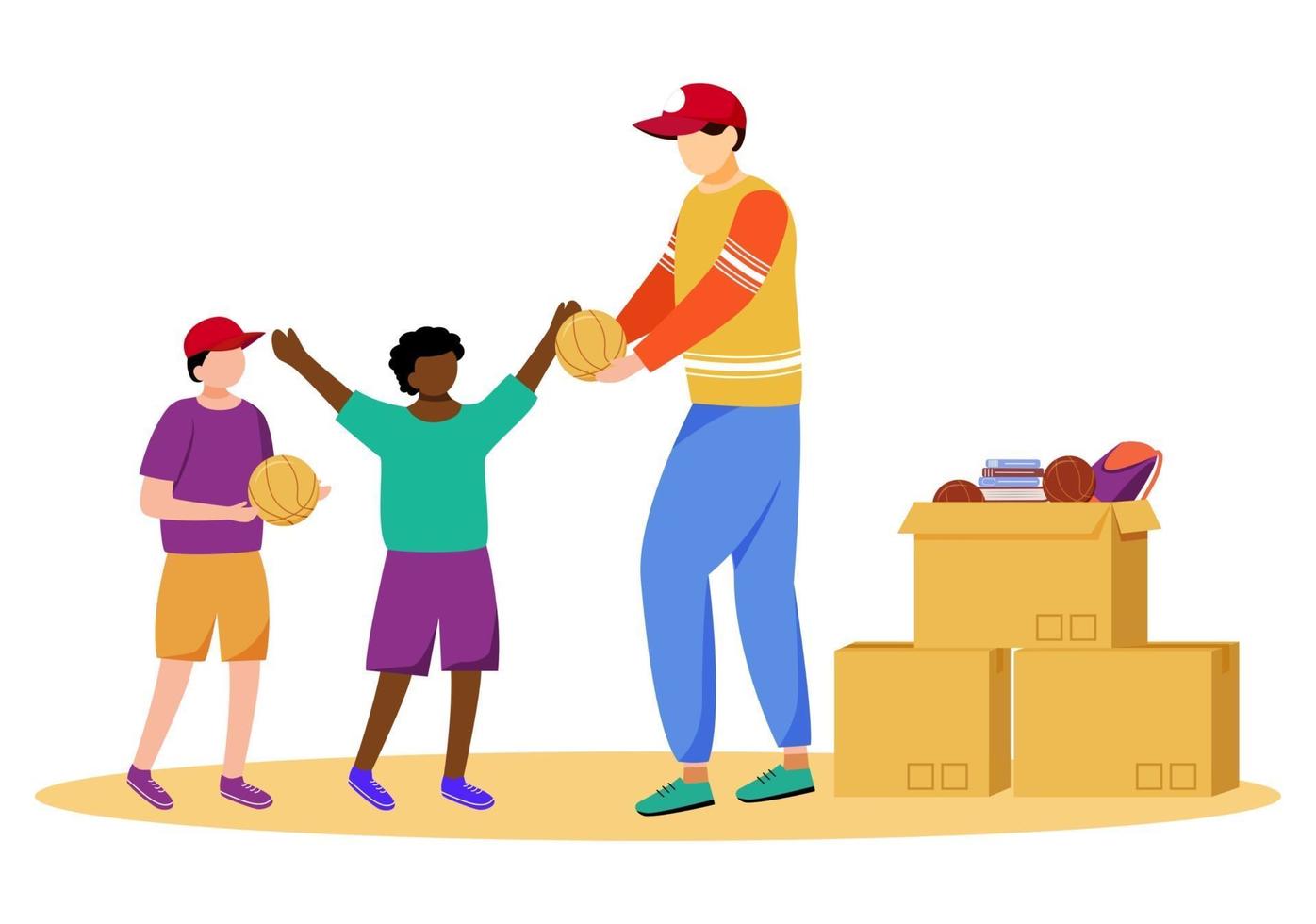 Humanitarian help flat vector illustration. Community service worker and little kids isolated cartoon characters on white background. Volunteer delivering school supplies, donations for orphanage