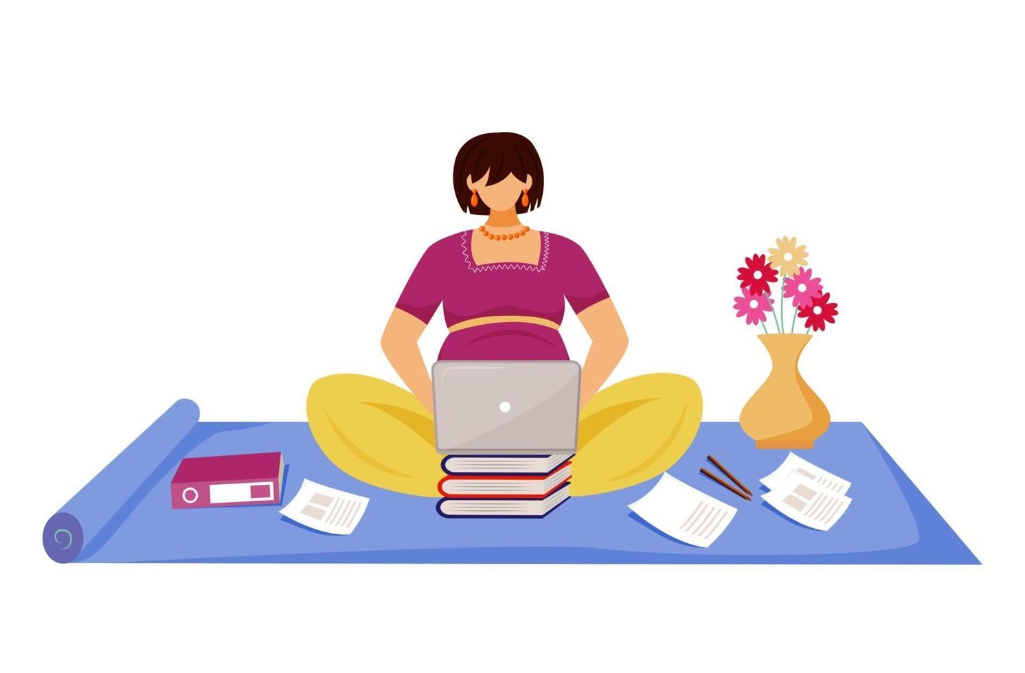 Pregnant woman working at laptop flat vector illustration. Young freelancer girl preparing report in pregnancy time sitting on floor cartoon character on white background