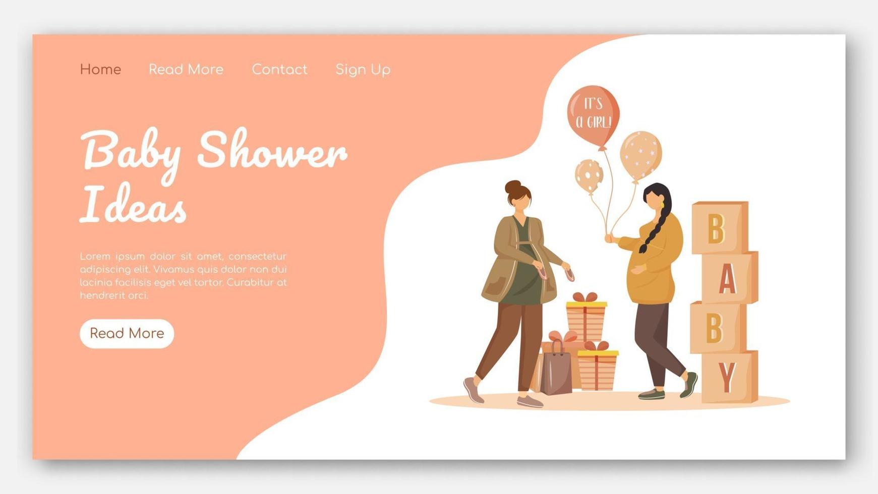 Baby shower ideas landing page vector template. Party for expecting mother website interface idea with flat illustrations. Maternity preparation homepage layout. Web banner, webpage cartoon concept