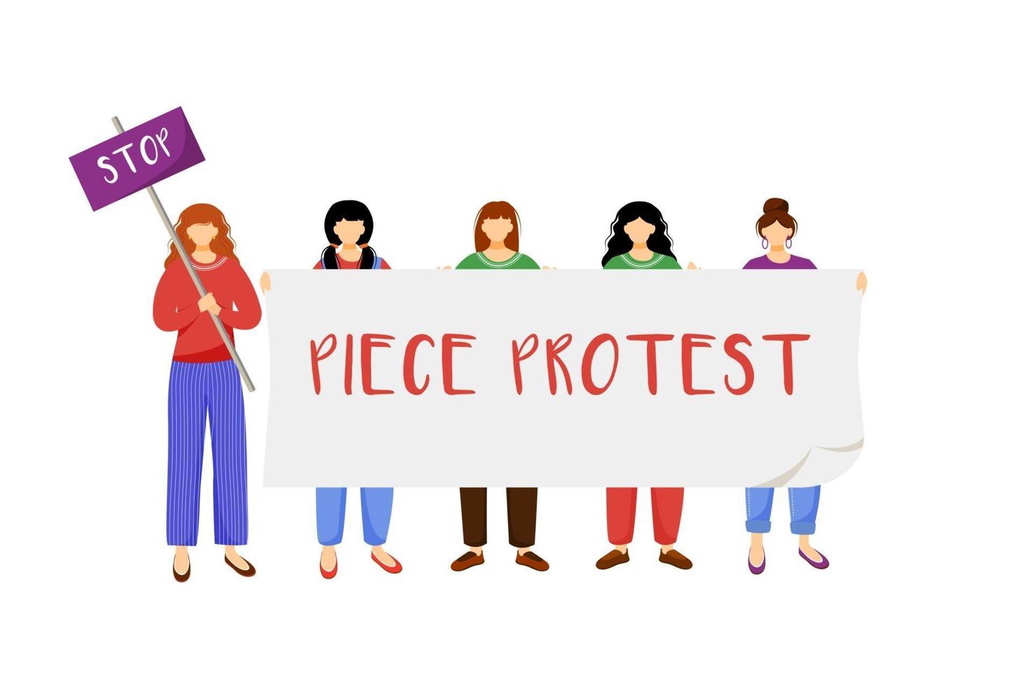 Peace protest flat vector illustration. Protesters, activists crowd isolated cartoon characters on white background. Young women with anti war placards. Peaceful socia demonstration. Pacifism concept