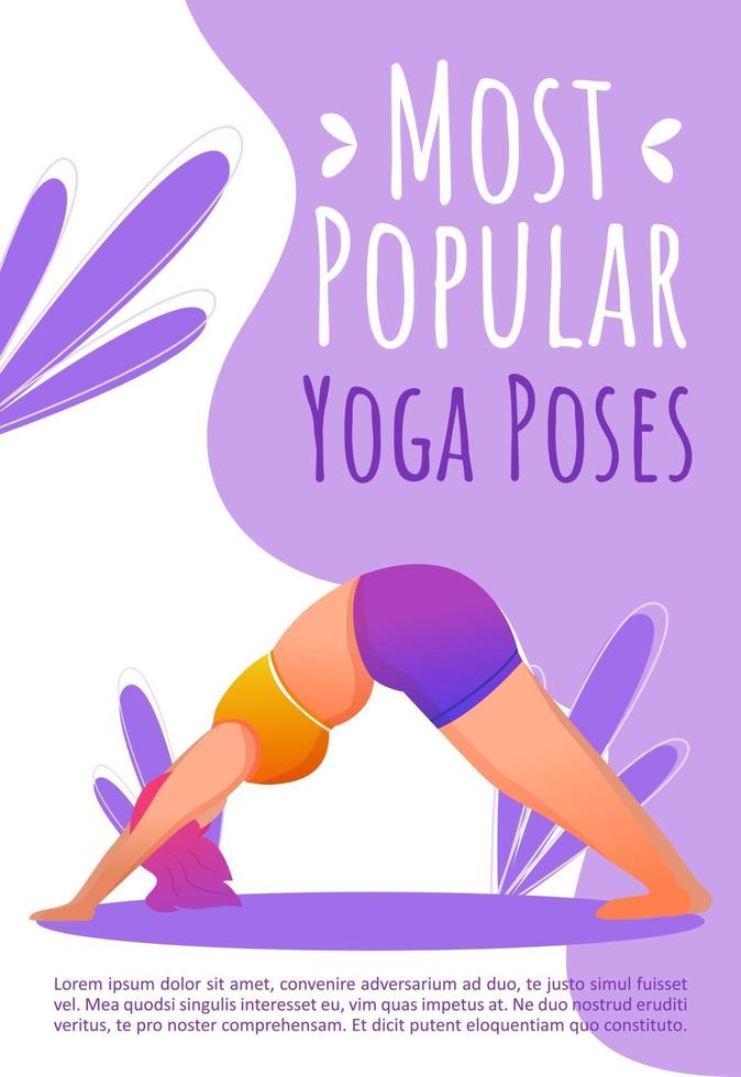 plantilla de folleto de posturas de yoga más popular. estilo de vida saludable. folleto deportivo bodypositive, folleto, concepto de folleto con ilustraciones planas. diseño de dibujos animados de página vectorial para revista con espacio de texto vector