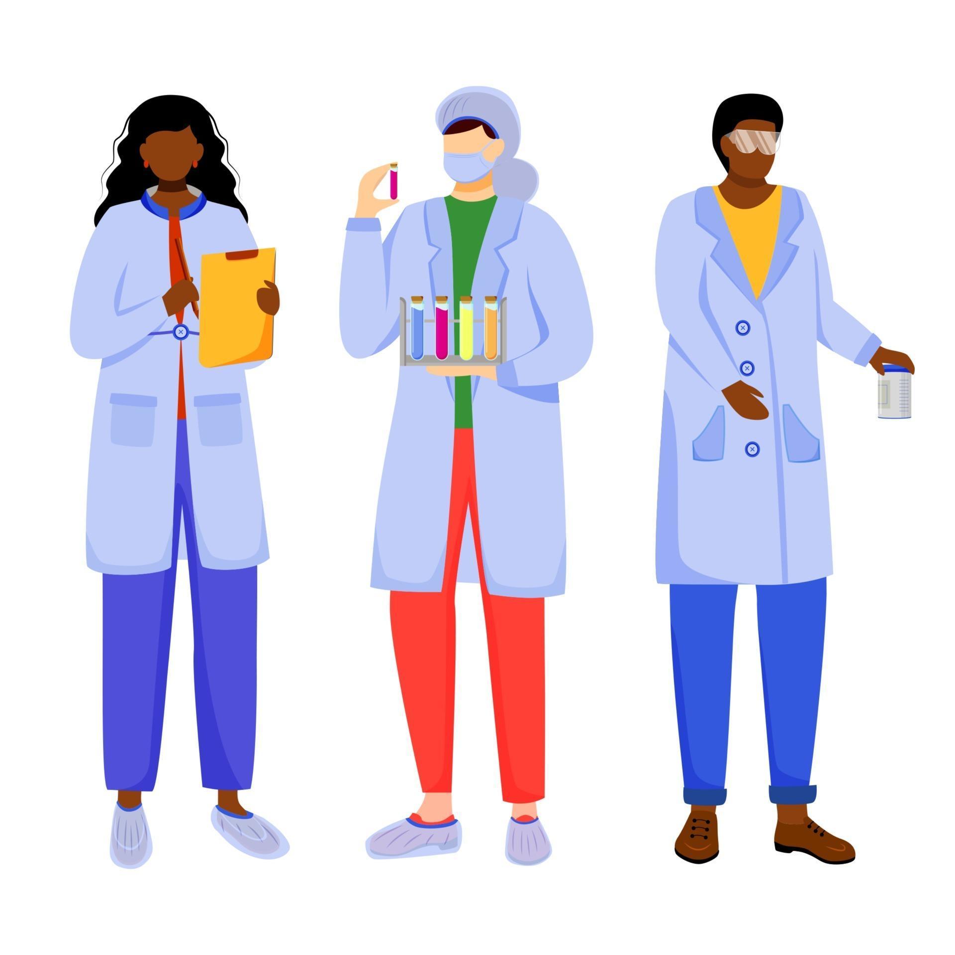 Scientists in lab coats flat vector illustration. Studying medicine