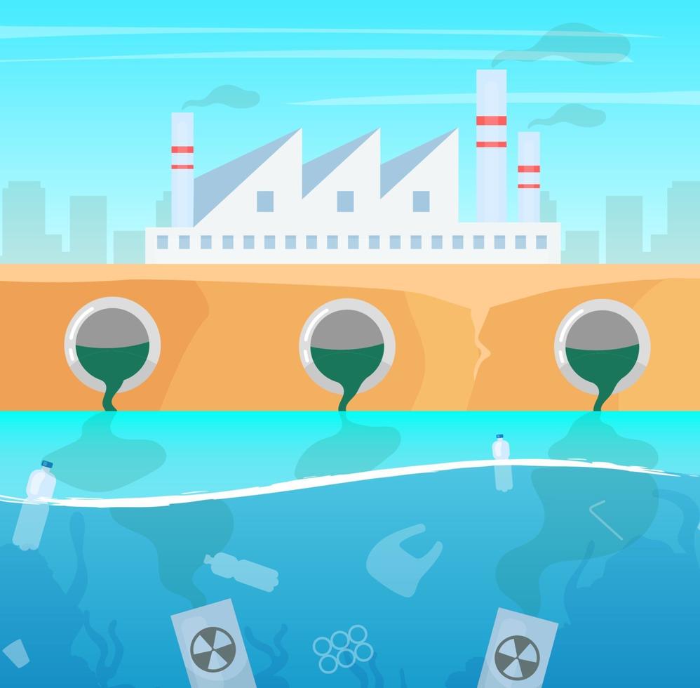 Water and air pollution flat vector illustration. Manufacture industry nature damage. Ecological catastrophe. Plastic garbage in ocean. Sea contamination. Industrial factory toxic pollutions