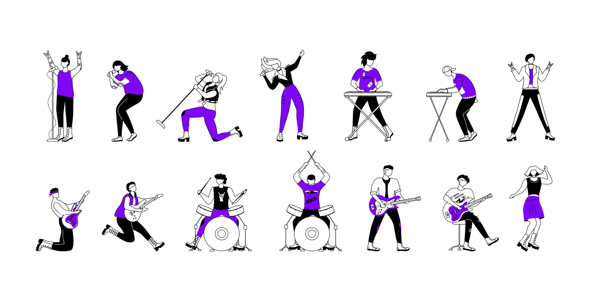 Rock musicians flat contour vector illustrations set. Music band members. Guitarists, drummers