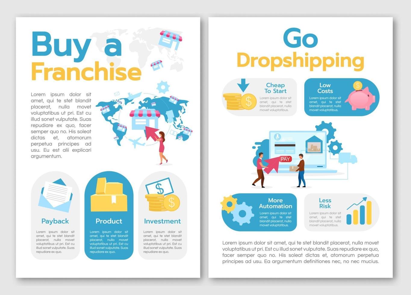 Buy franchise brochure template. Go dropshipping. Startup strategy. Flyer, booklet, leaflet concept, flat illustrations. Vector page cartoon layout for magazine. advertising invitation with text space