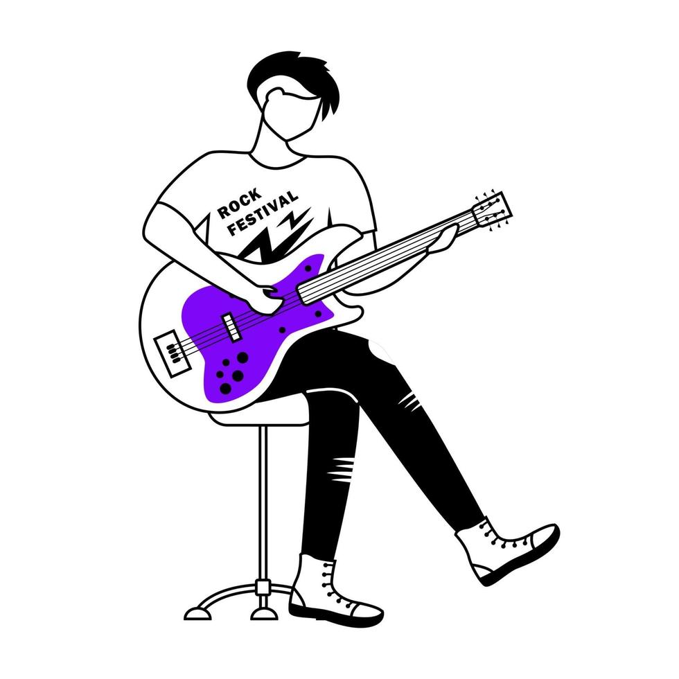 Guitarist flat contour vector illustration. Rock festival. Guitar player. Musician. Music band member. Rock and roll. Concert, gig. Isolated cartoon outline character on white. Simple drawing
