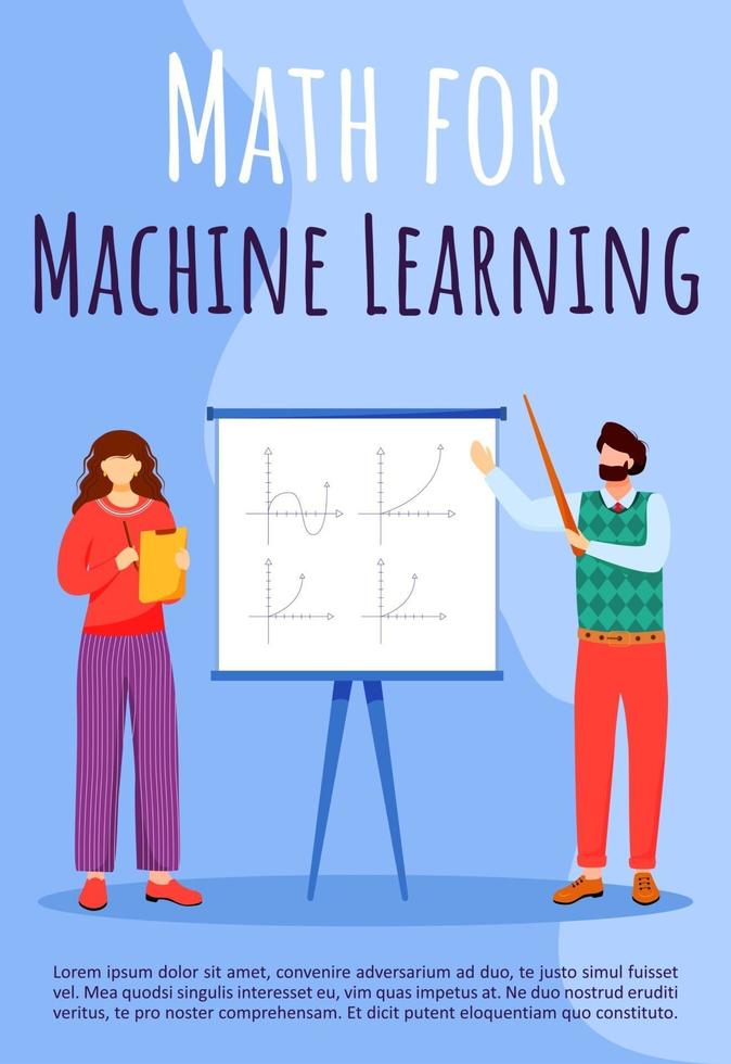 Math for machine learning poster vector template. Professor and student at lesson. Brochure, cover, booklet page concept design with flat illustrations. Advertising flyer, leaflet, banner layout idea