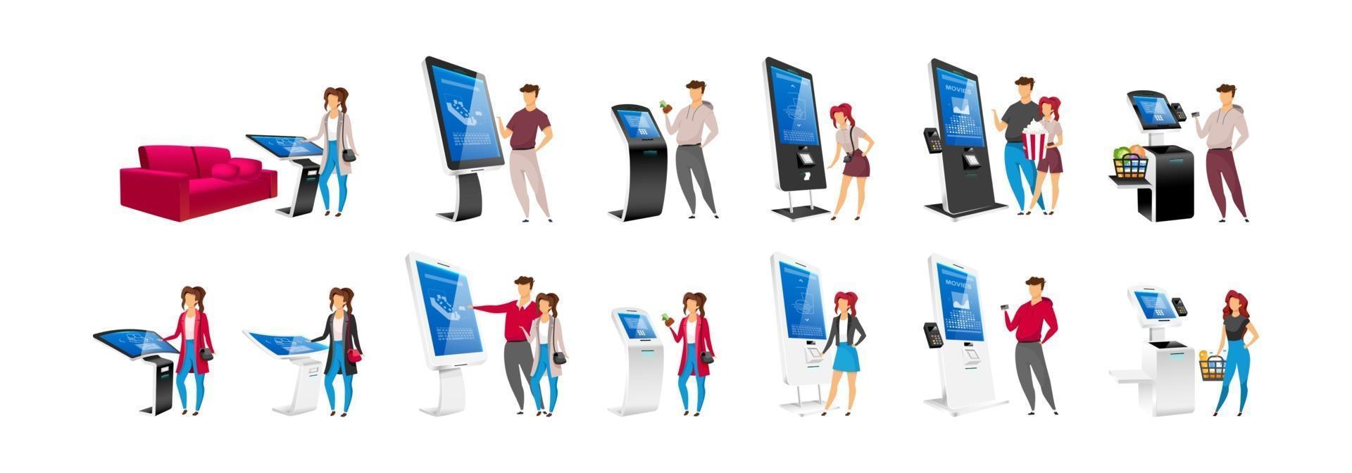 People using self order kiosks flat color vector faceless characters set. Interactive machine users isolated cartoon illustrations on white background. Electronic eqipment and touchscreen counters