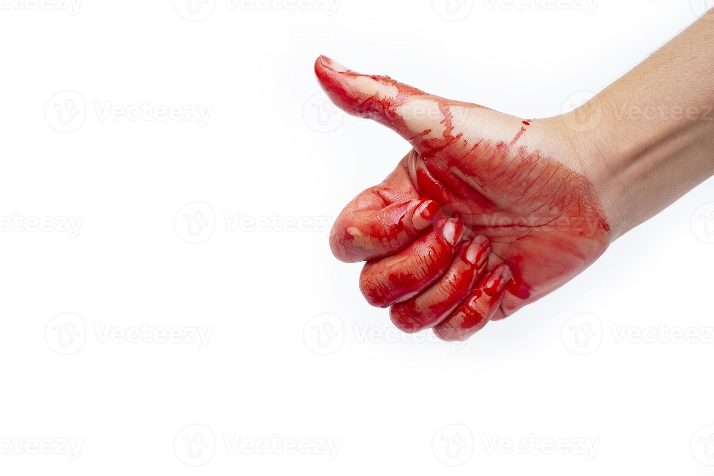 Hands thumbs up bloody on white background photo