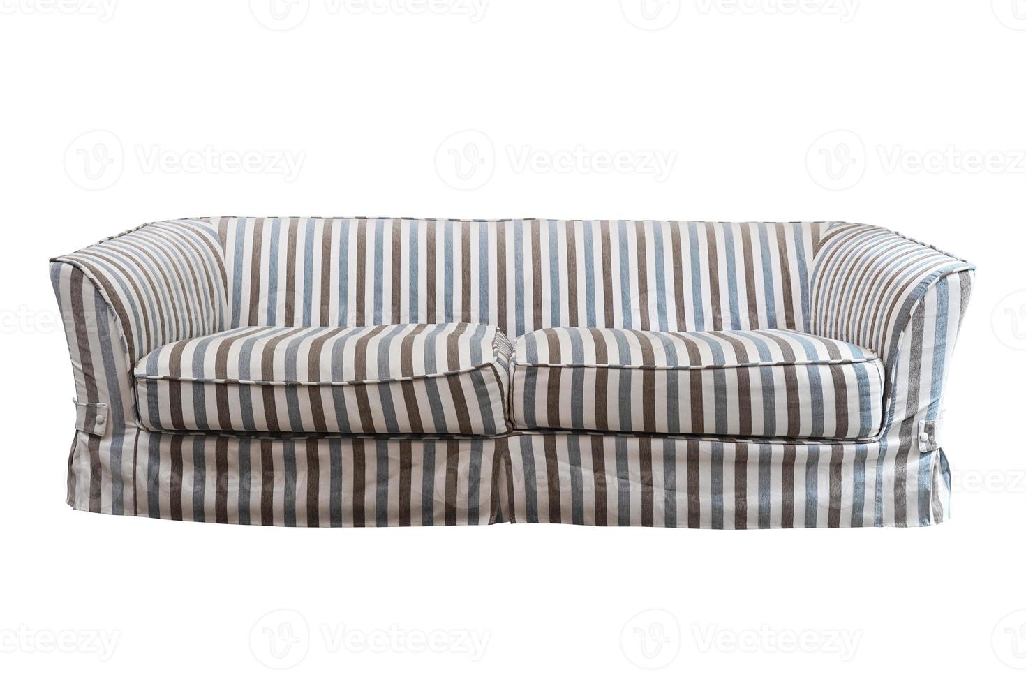 Sofá de patrón de rayas azul y marrón aislado sobre fondo blanco. foto
