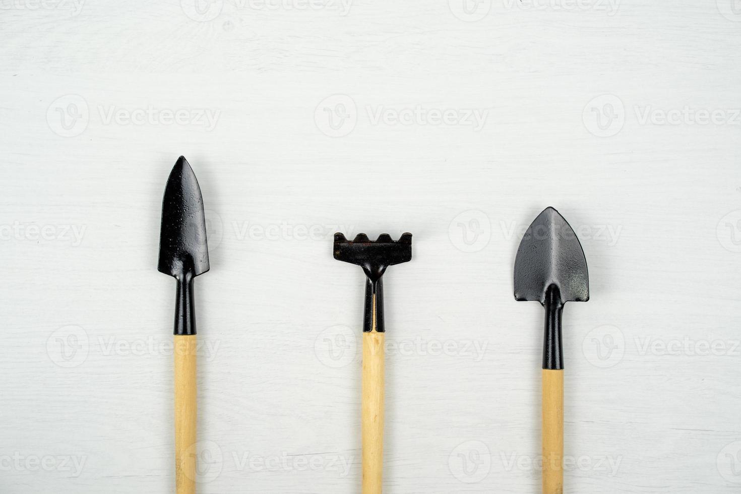pala de jardín y tenedor sobre fondo blanco. vista superior de varias herramientas de jardinería pequeñas. foto