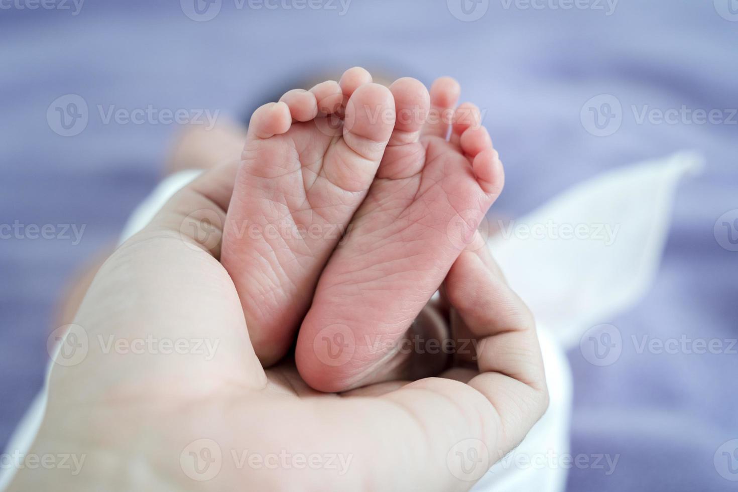 Small newborn baby legs in the hands of parents. Baby foots on father hand. photo