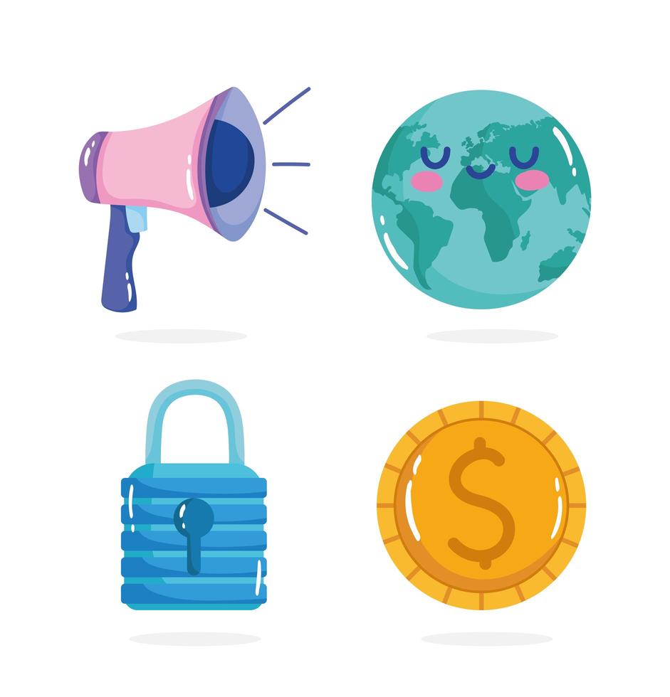 reopening, megaphone planet padlock and money icons set vector